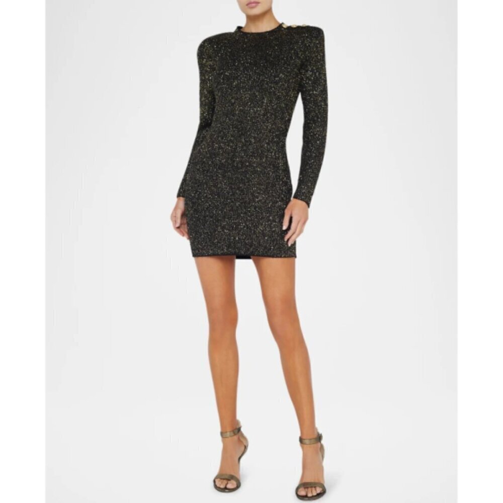 L'AGENCE 'Cherry' Mini-Sequin Embellished Ribbed-Knit Mini-Dress, Black/Gold